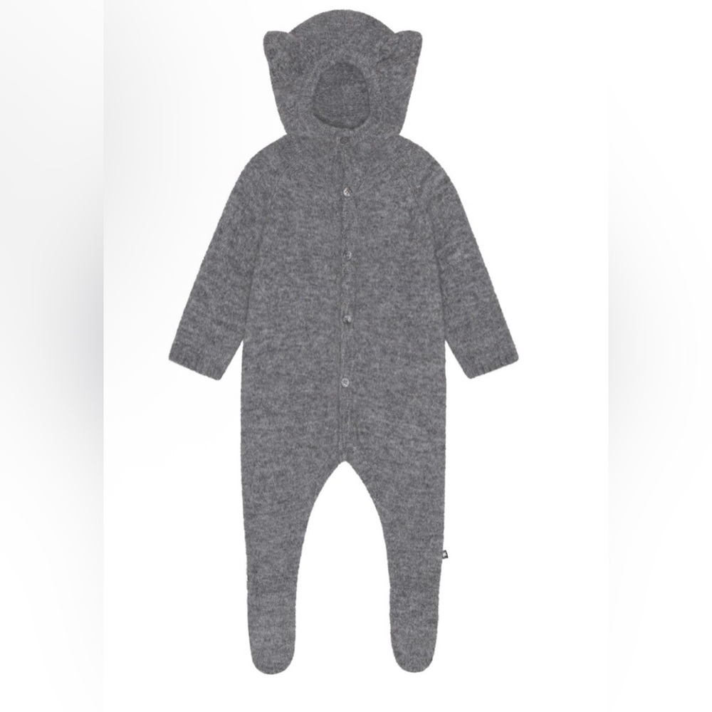 Grey Molo baby romper with hood.